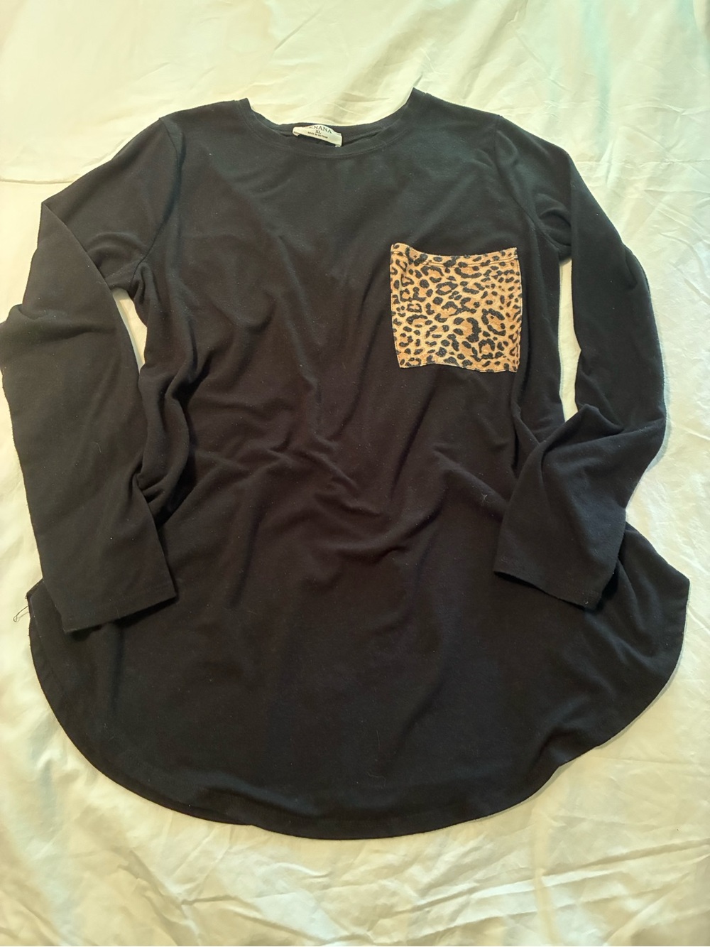 Zenana Outfitters Black Long Sleeve Top with Leopard Print Pocket